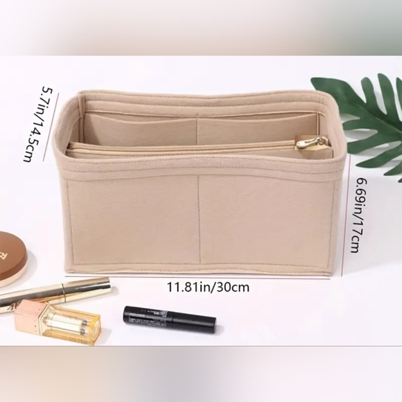 New bag organizer/insert beige felt removable compartment zip pocket & 2 slip - Picture 3 of 4